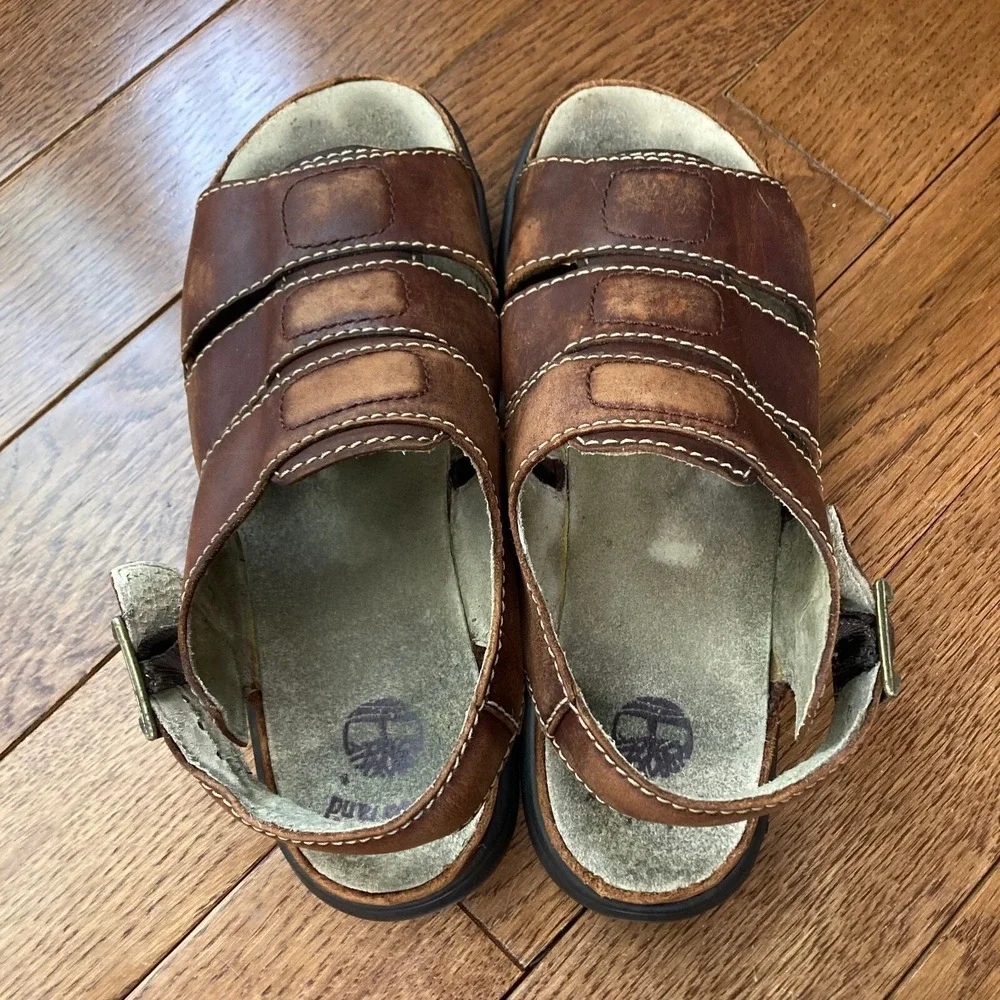 Timberland Brown Leather Adjustable Buckle Heel Strap Sandals Mens 10 4826